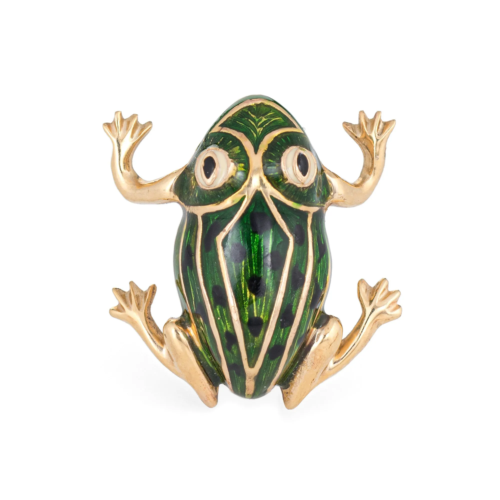 Green Enamel Frog Brooch Vintage 14k Yellow Gold Black Spots Estate Fine Jewelry