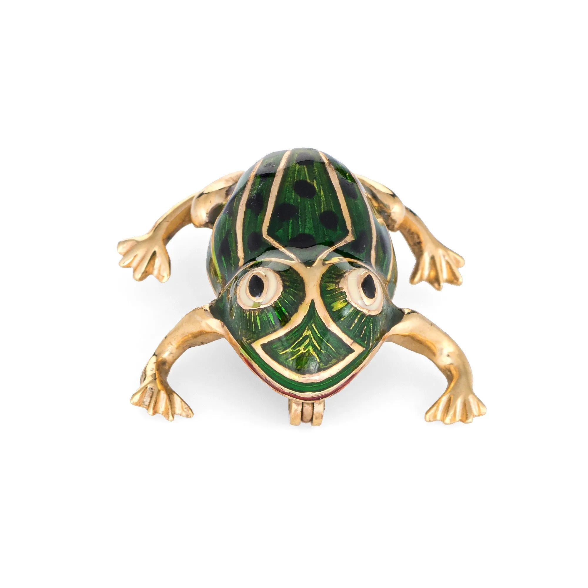 Green Enamel Frog Brooch Vintage 14k Yellow Gold Black Spots Estate Fine Jewelry