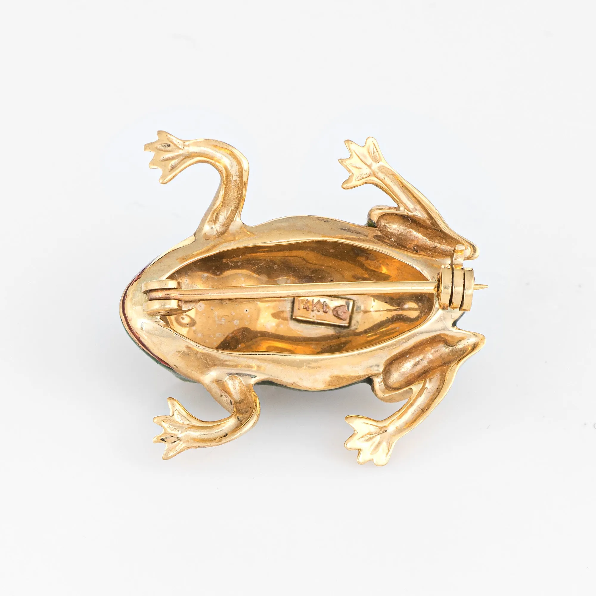 Green Enamel Frog Brooch Vintage 14k Yellow Gold Black Spots Estate Fine Jewelry