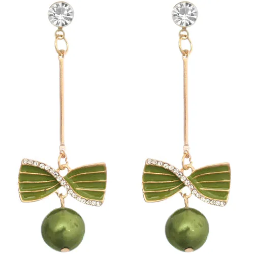 Green Faux Pearl Thin Bar Bow Earrings