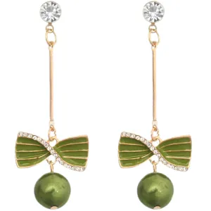 Green Faux Pearl Thin Bar Bow Earrings