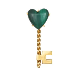 Hammerman Bros Malachite Heart Key Brooch Vintage 18k Yellow Gold Jewelry