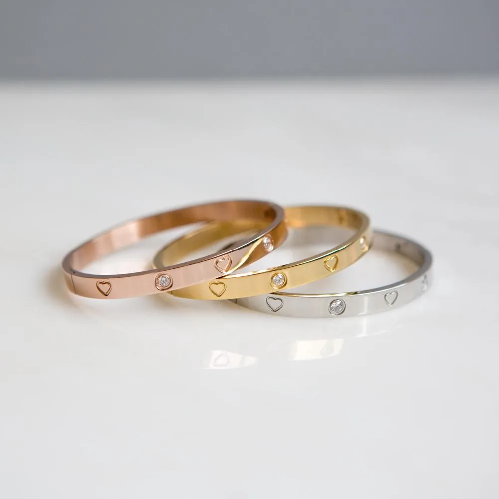 Heart CZ Bangle Bracelet (Rose Gold)