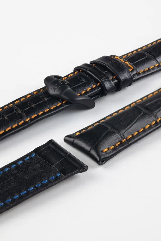 Hirsch GRAND DUKE Water-Resistant Alligator Embossed Sport Watch Strap in BLACK / ORANGE