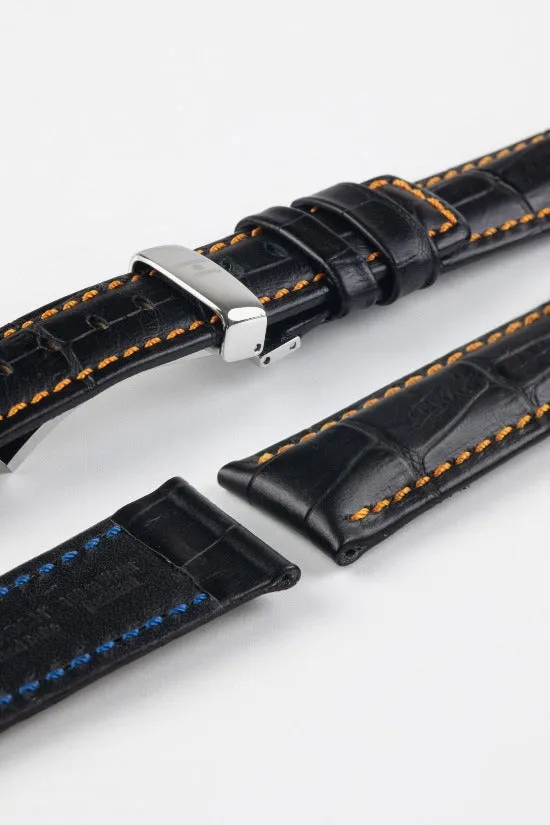 Hirsch GRAND DUKE Water-Resistant Alligator Embossed Sport Watch Strap in BLACK / ORANGE