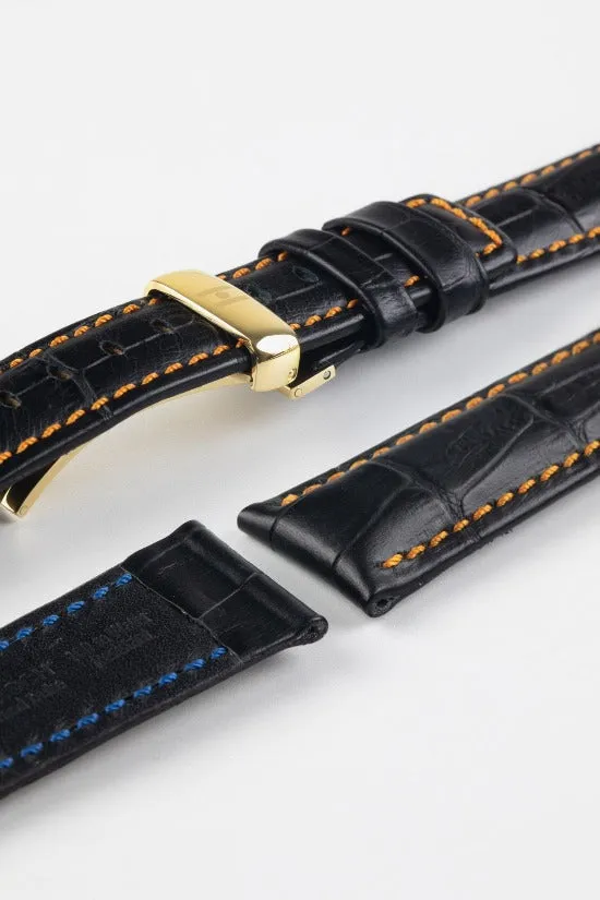 Hirsch GRAND DUKE Water-Resistant Alligator Embossed Sport Watch Strap in BLACK / ORANGE