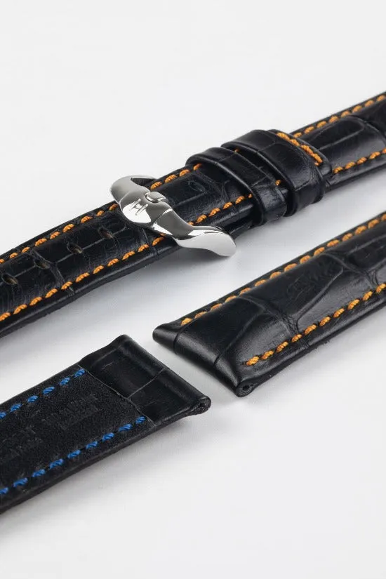 Hirsch GRAND DUKE Water-Resistant Alligator Embossed Sport Watch Strap in BLACK / ORANGE