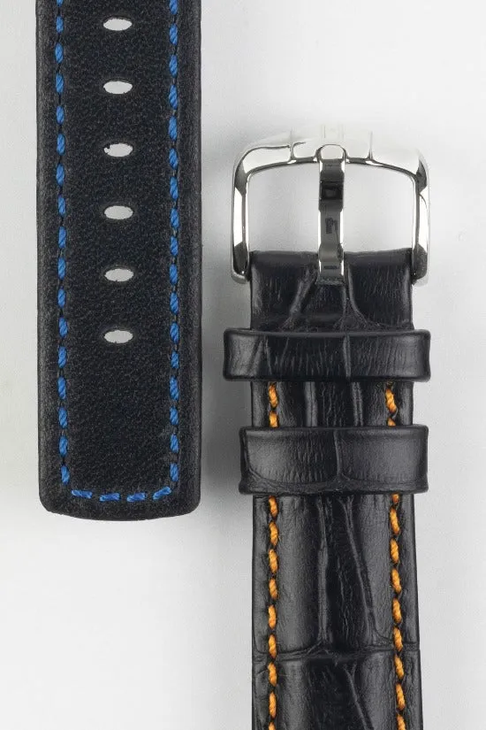 Hirsch GRAND DUKE Water-Resistant Alligator Embossed Sport Watch Strap in BLACK / ORANGE