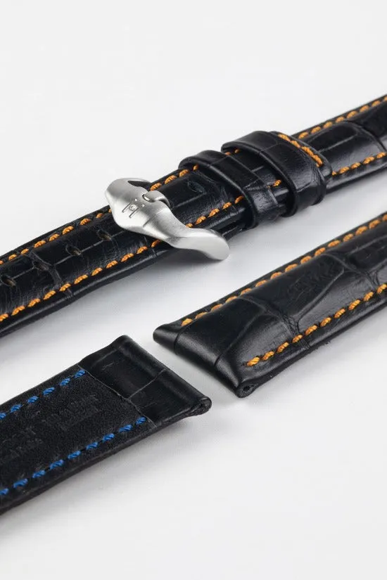 Hirsch GRAND DUKE Water-Resistant Alligator Embossed Sport Watch Strap in BLACK / ORANGE