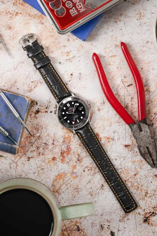 Hirsch GRAND DUKE Water-Resistant Alligator Embossed Sport Watch Strap in BLACK / ORANGE