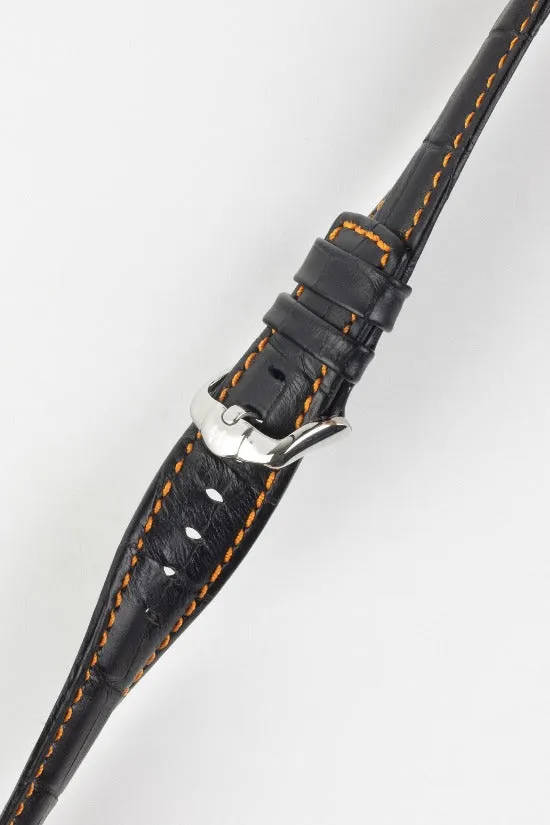 Hirsch GRAND DUKE Water-Resistant Alligator Embossed Sport Watch Strap in BLACK / ORANGE