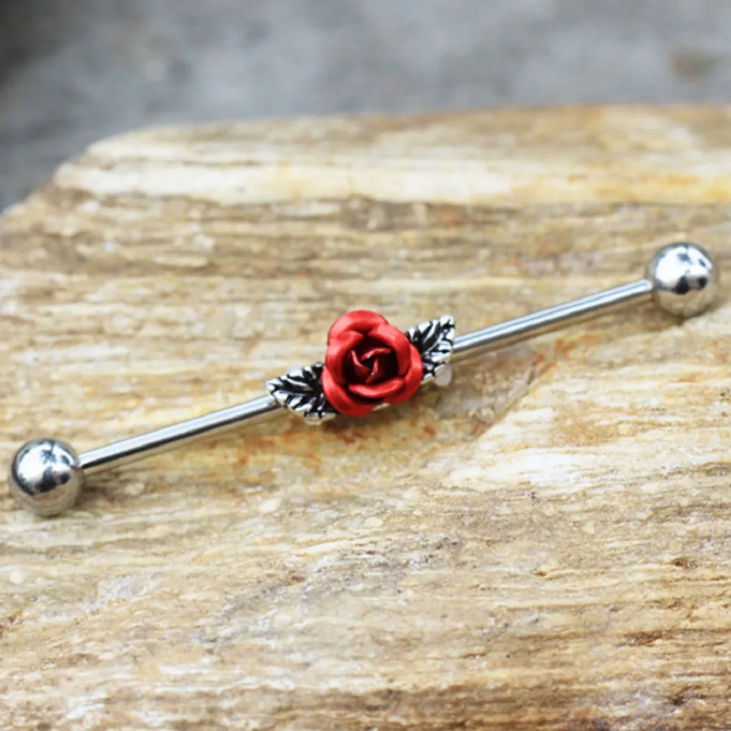 Industrial Barbell 316L Surgical Steel Bar Red Rose 1 1/2