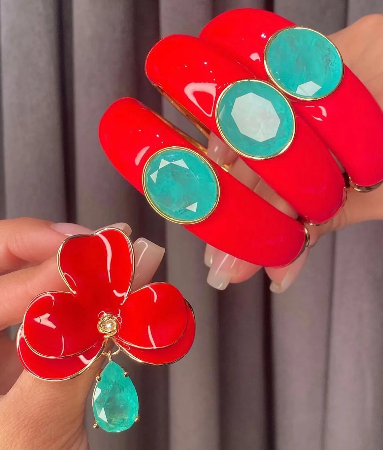 Italian Red Enamel Paraiba Stone 18K Gold Plated Bracelet