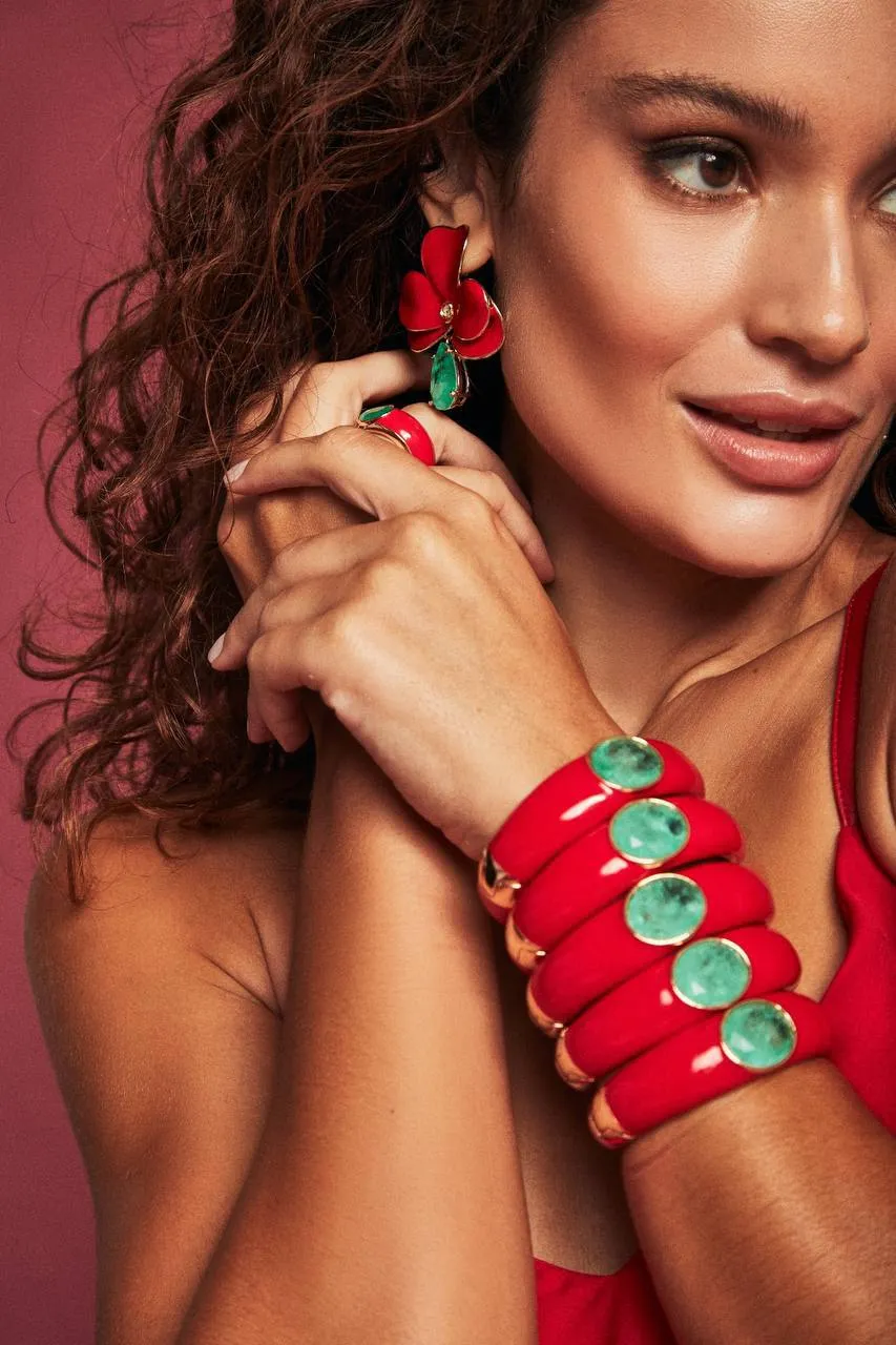 Italian Red Enamel Paraiba Stone 18K Gold Plated Bracelet