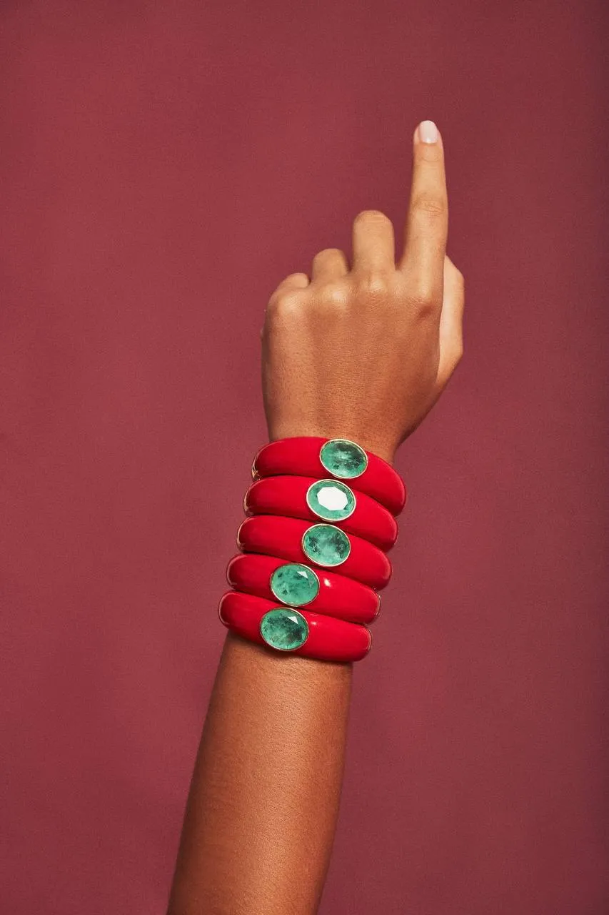 Italian Red Enamel Paraiba Stone 18K Gold Plated Bracelet
