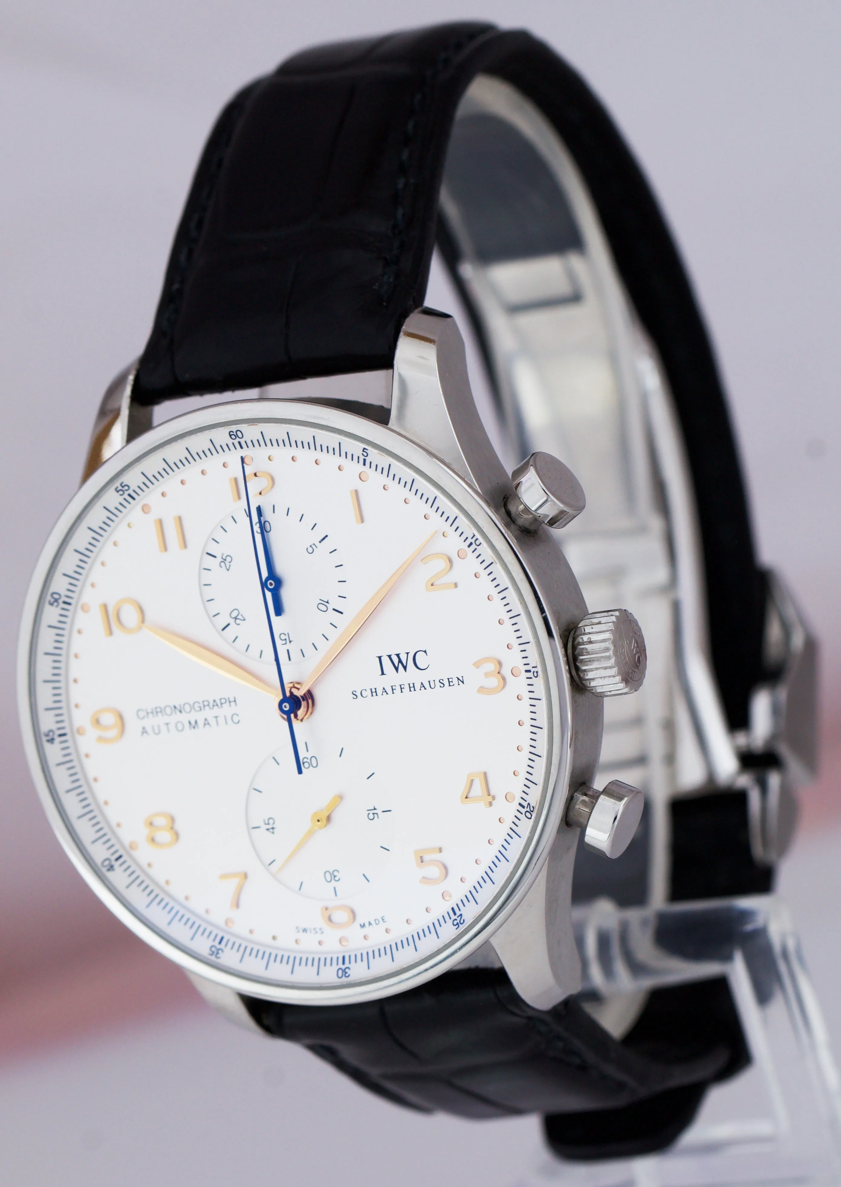 IWC Portuguese Chronograph Steel Blue Rose Gold 41mm Watch 3714 3714-45 IW371445