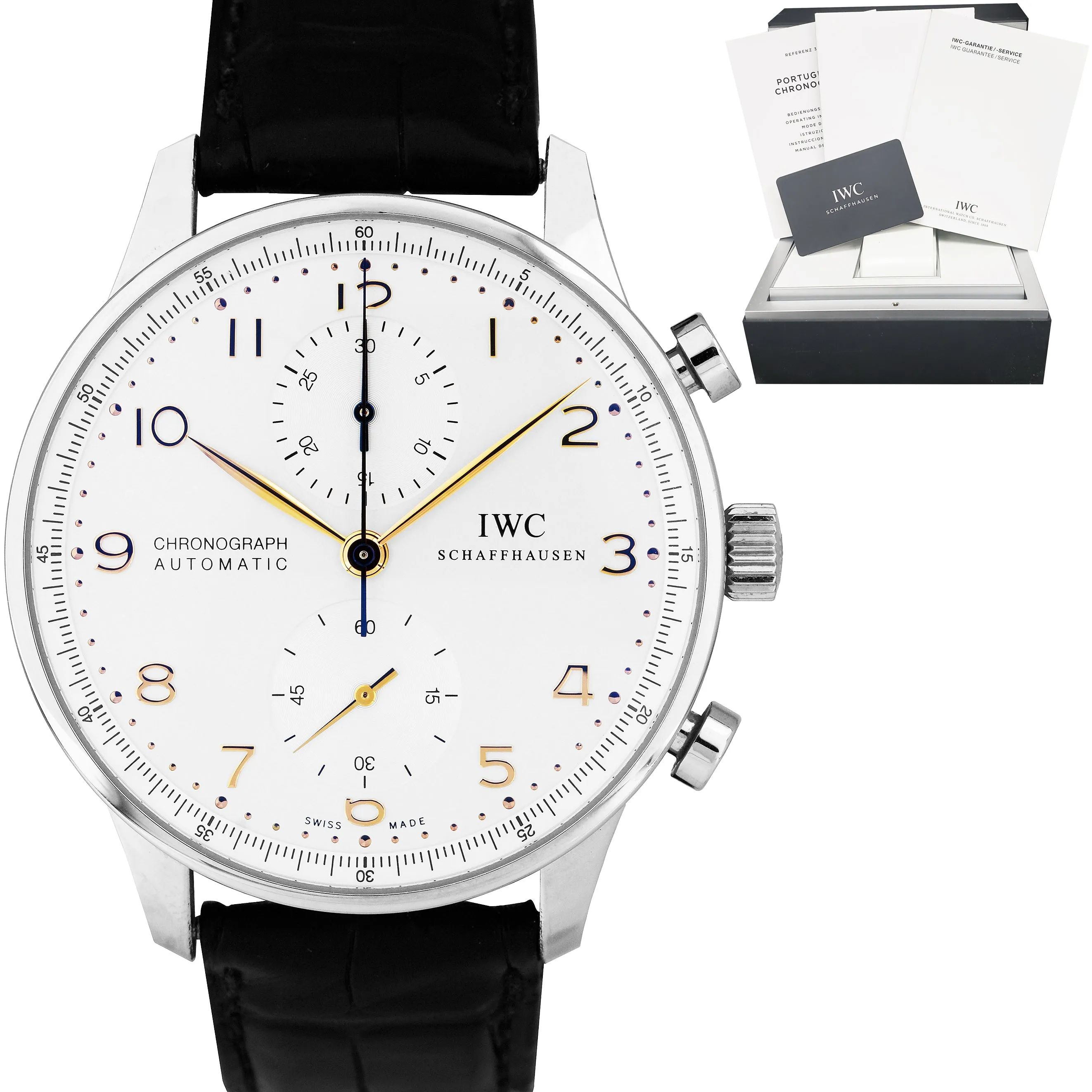 IWC Portuguese Chronograph Steel Blue Rose Gold 41mm Watch 3714 3714-45 IW371445