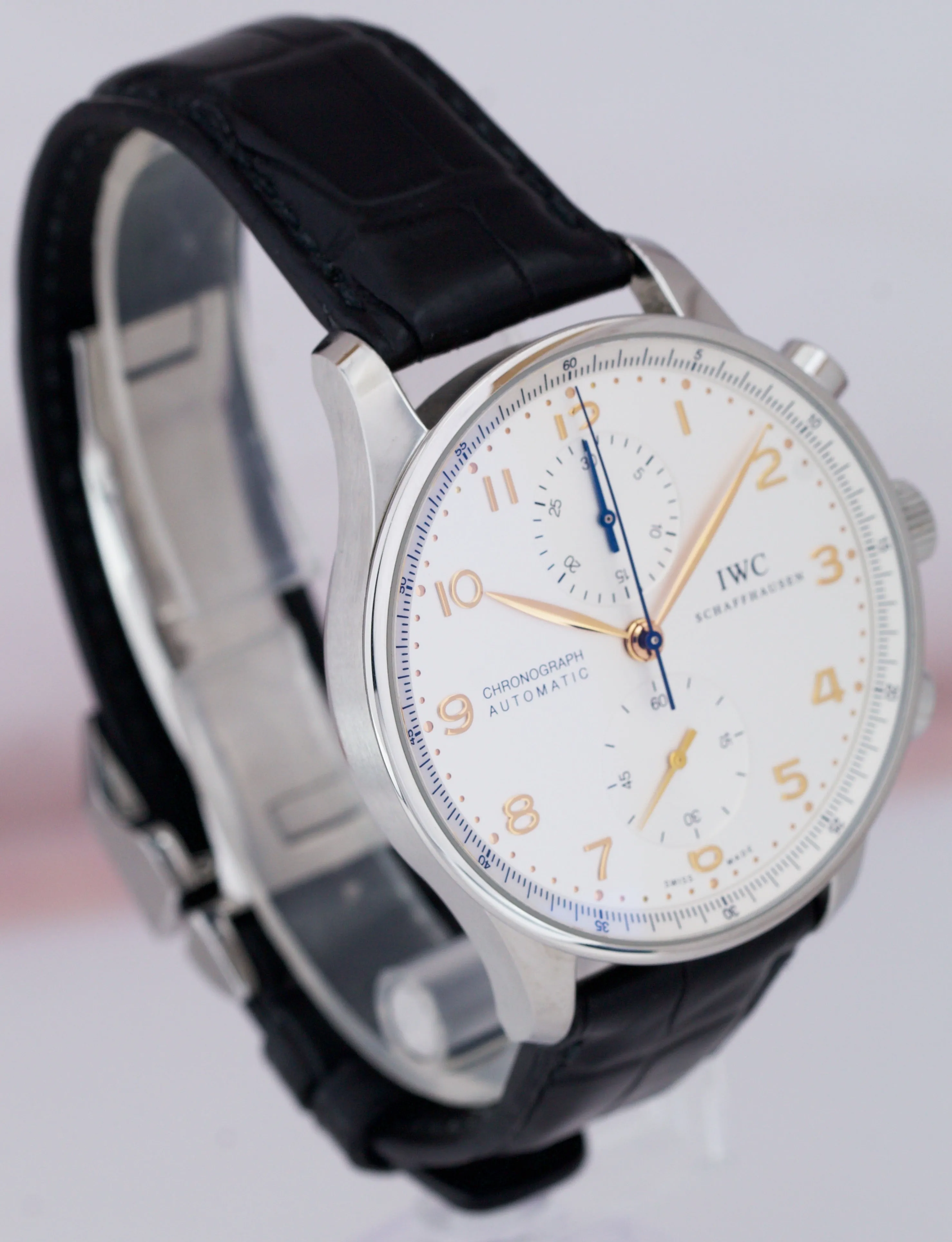 IWC Portuguese Chronograph Steel Blue Rose Gold 41mm Watch 3714 3714-45 IW371445