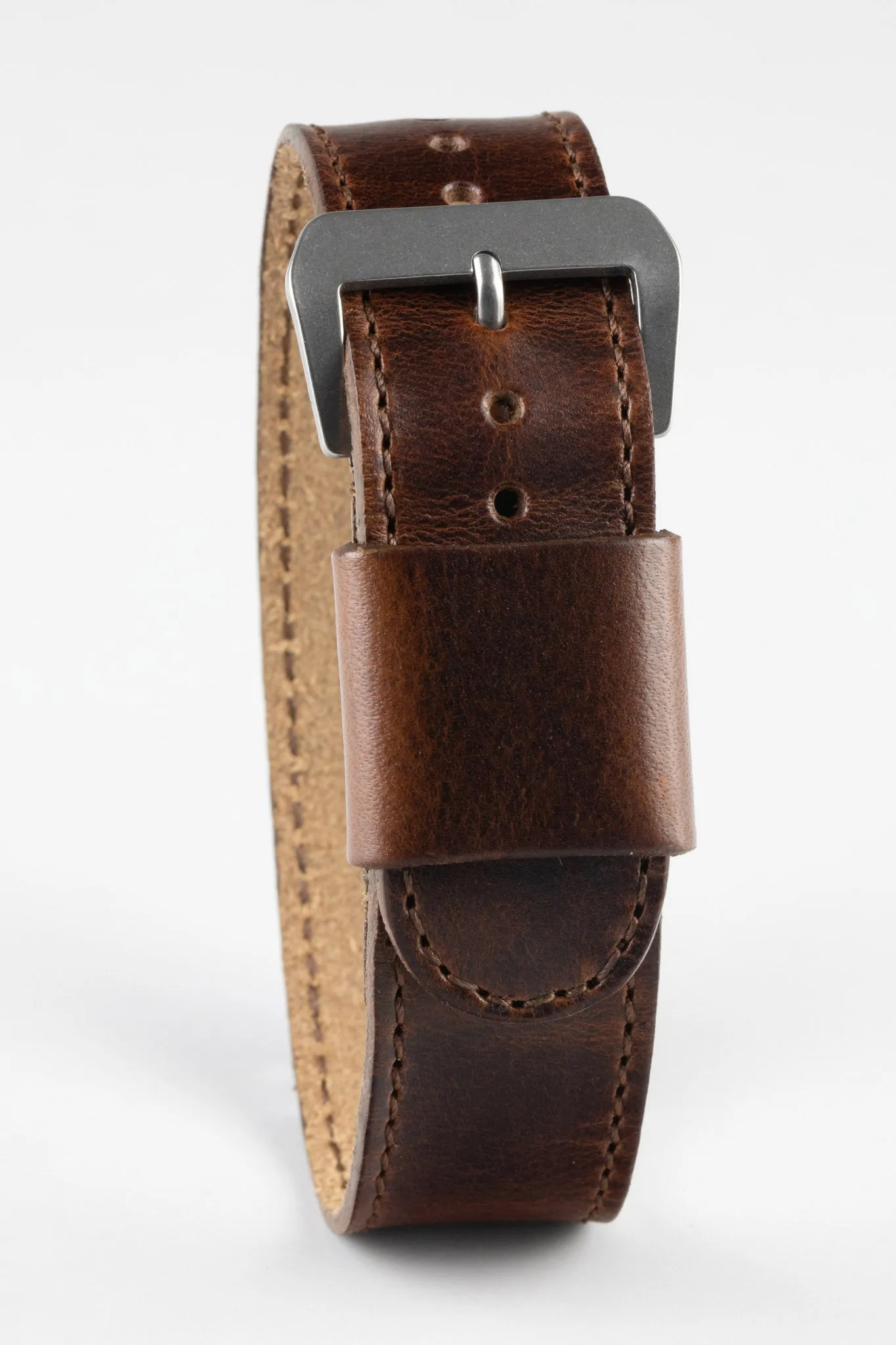 JPM Italian Leather One-Piece Watch Strap in DISTRESSED BROWN with Single Leather Keeper