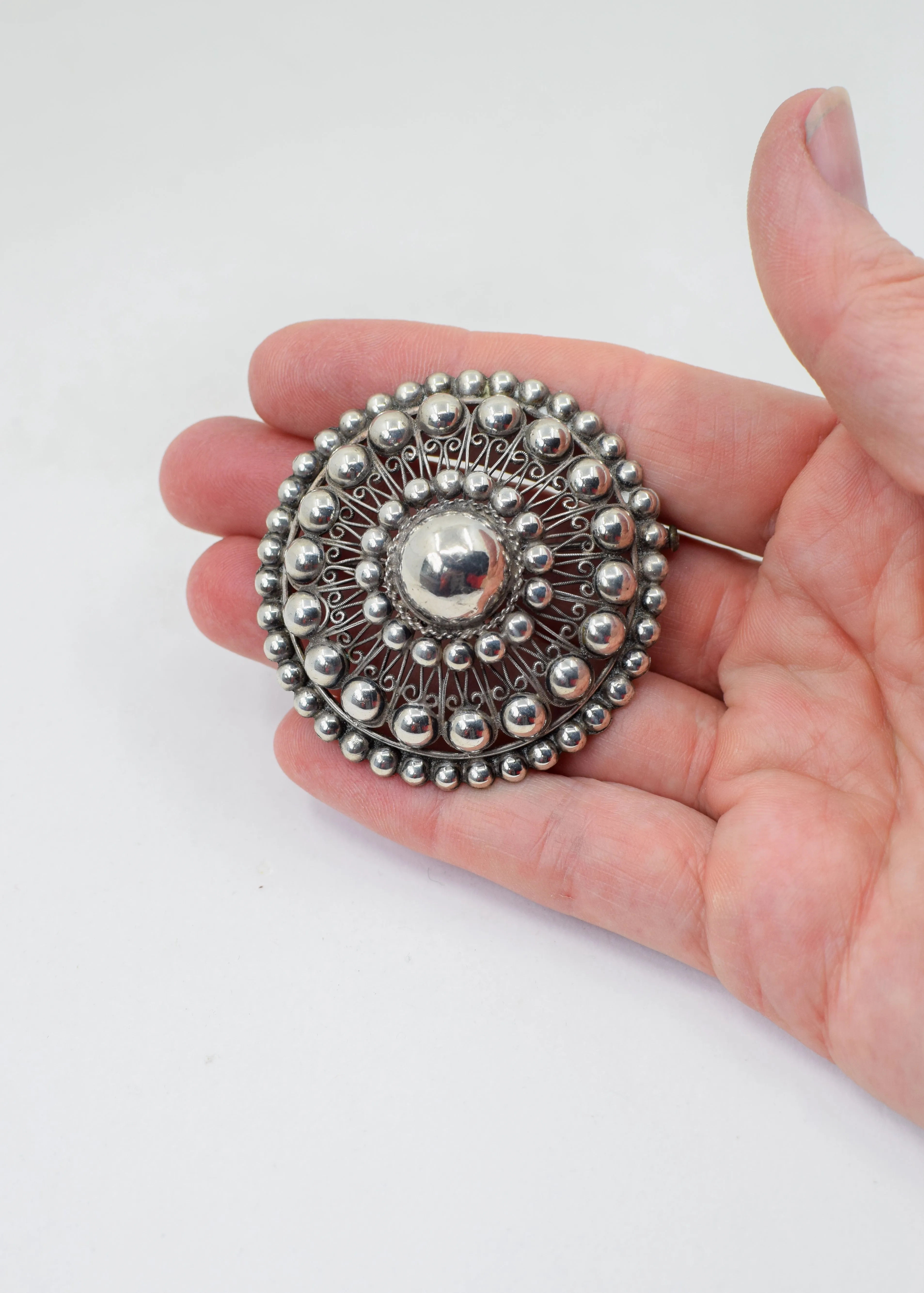 Large Antique 800 Silver Button Brooch