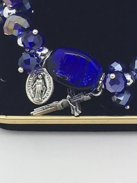 Large Blue Bead Catholic Charm Stretch Bracelet