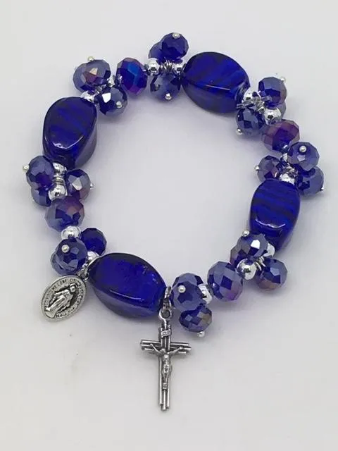 Large Blue Bead Catholic Charm Stretch Bracelet