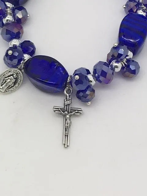 Large Blue Bead Catholic Charm Stretch Bracelet
