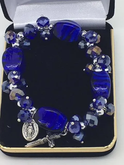 Large Blue Bead Catholic Charm Stretch Bracelet