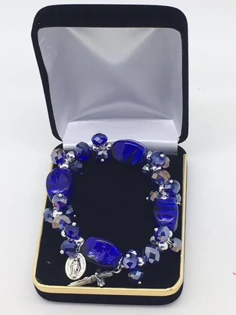 Large Blue Bead Catholic Charm Stretch Bracelet