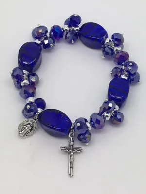 Large Blue Bead Catholic Charm Stretch Bracelet