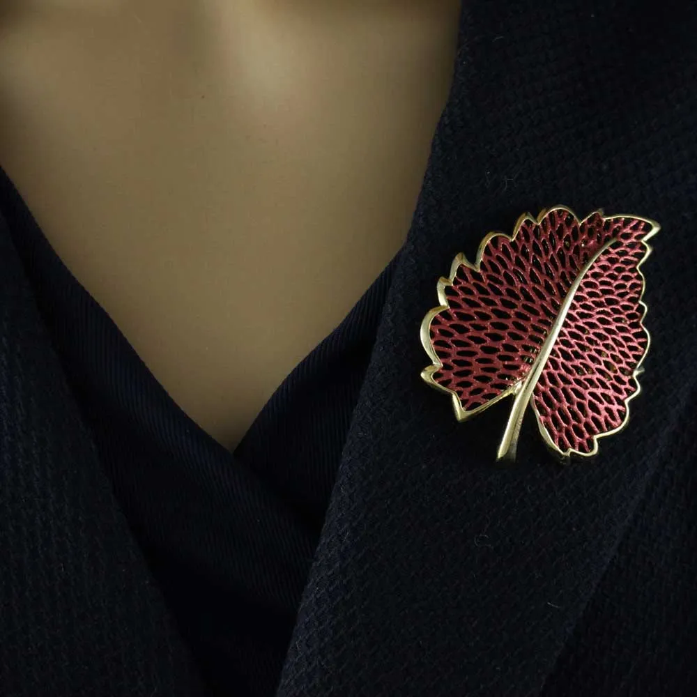 Large Burnt Orange Autumn Leaf Brooch Pin - PF340
