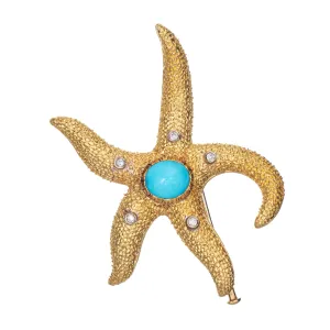 Large Starfish Brooch 18k Yellow Gold Turquoise Diamond Pin Vintage Ocean Marine