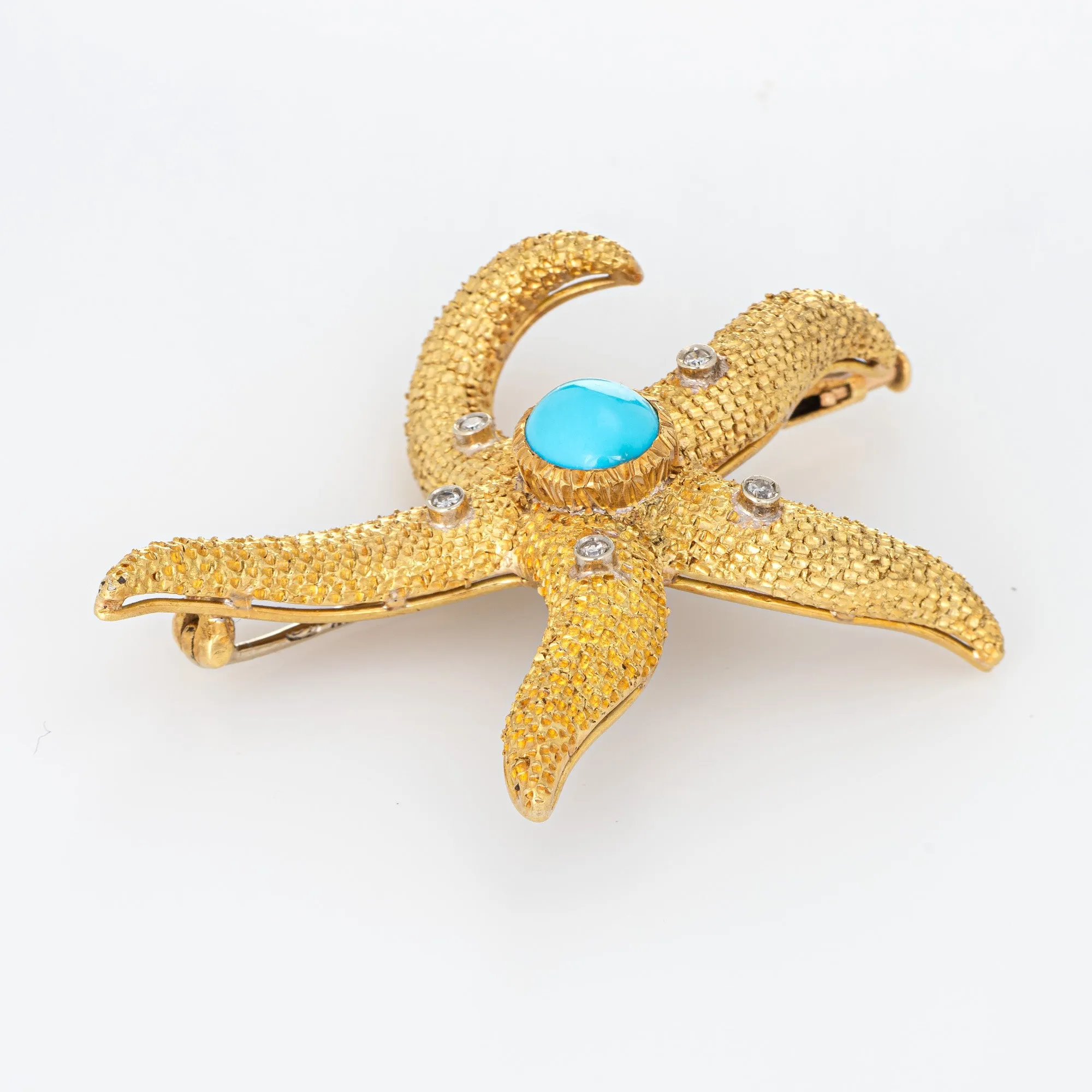 Large Starfish Brooch 18k Yellow Gold Turquoise Diamond Pin Vintage Ocean Marine