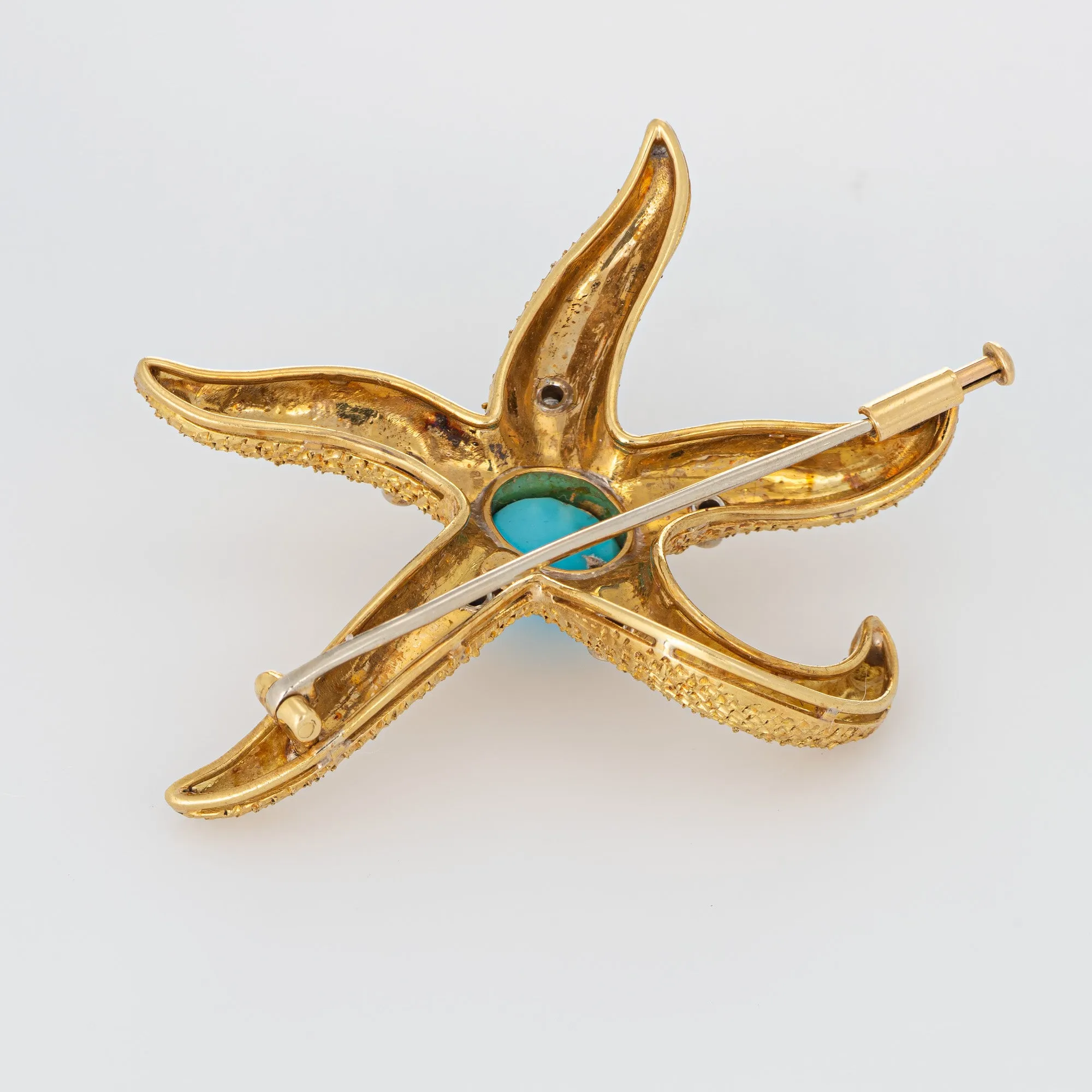 Large Starfish Brooch 18k Yellow Gold Turquoise Diamond Pin Vintage Ocean Marine