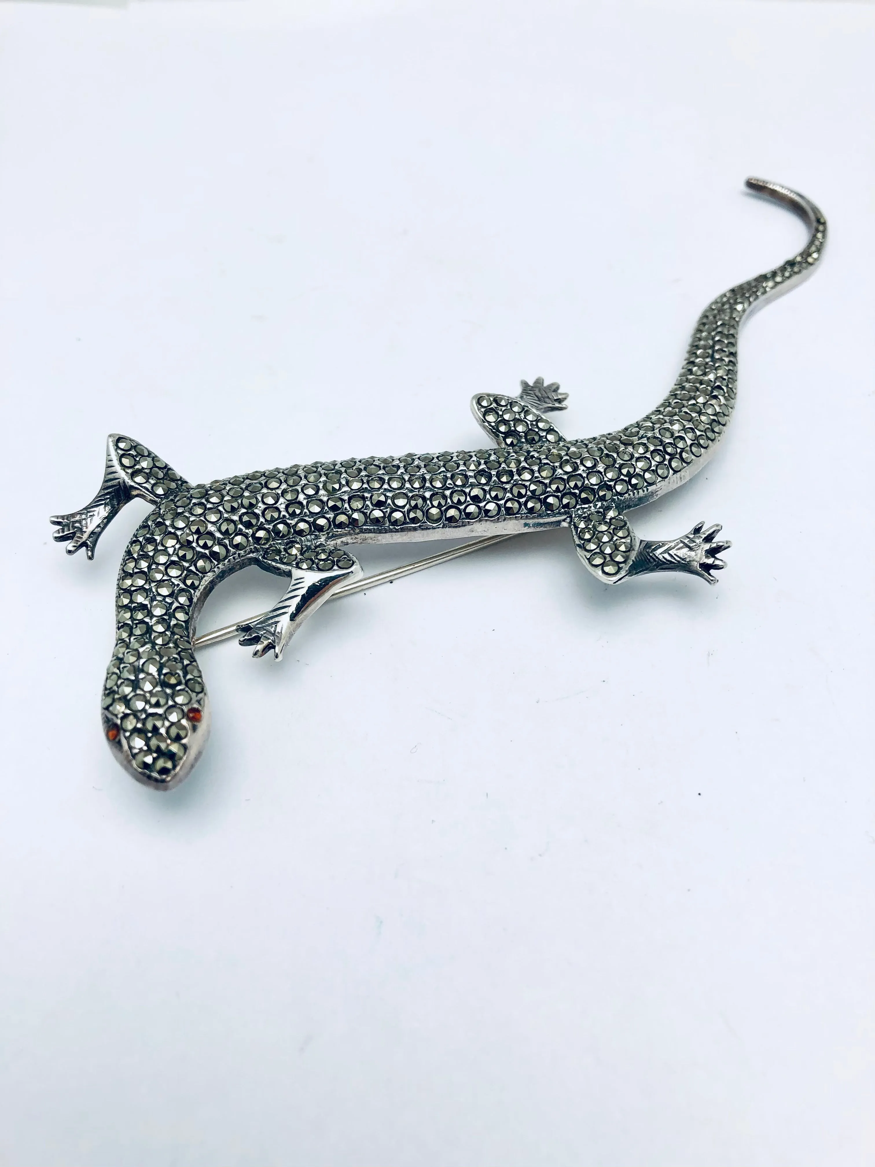 Large Sterling Silver Marcasite Salamander Brooch