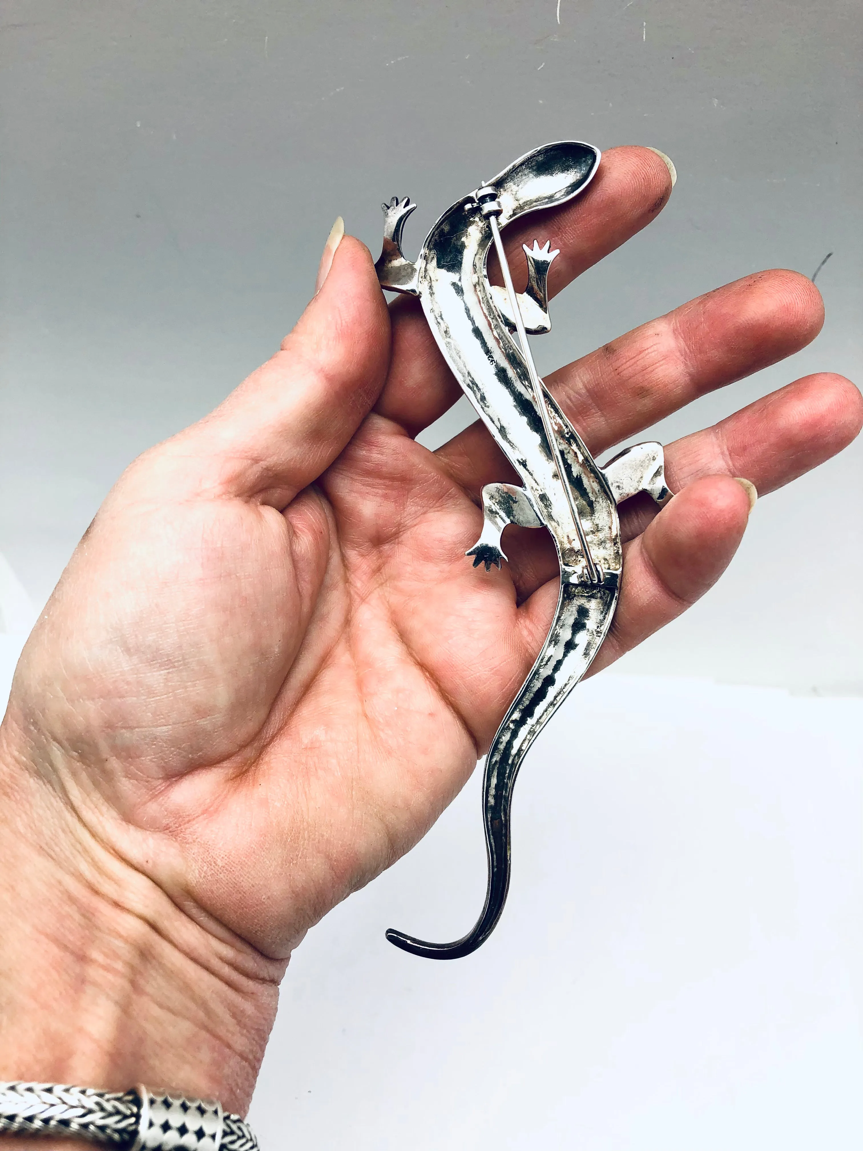 Large Sterling Silver Marcasite Salamander Brooch