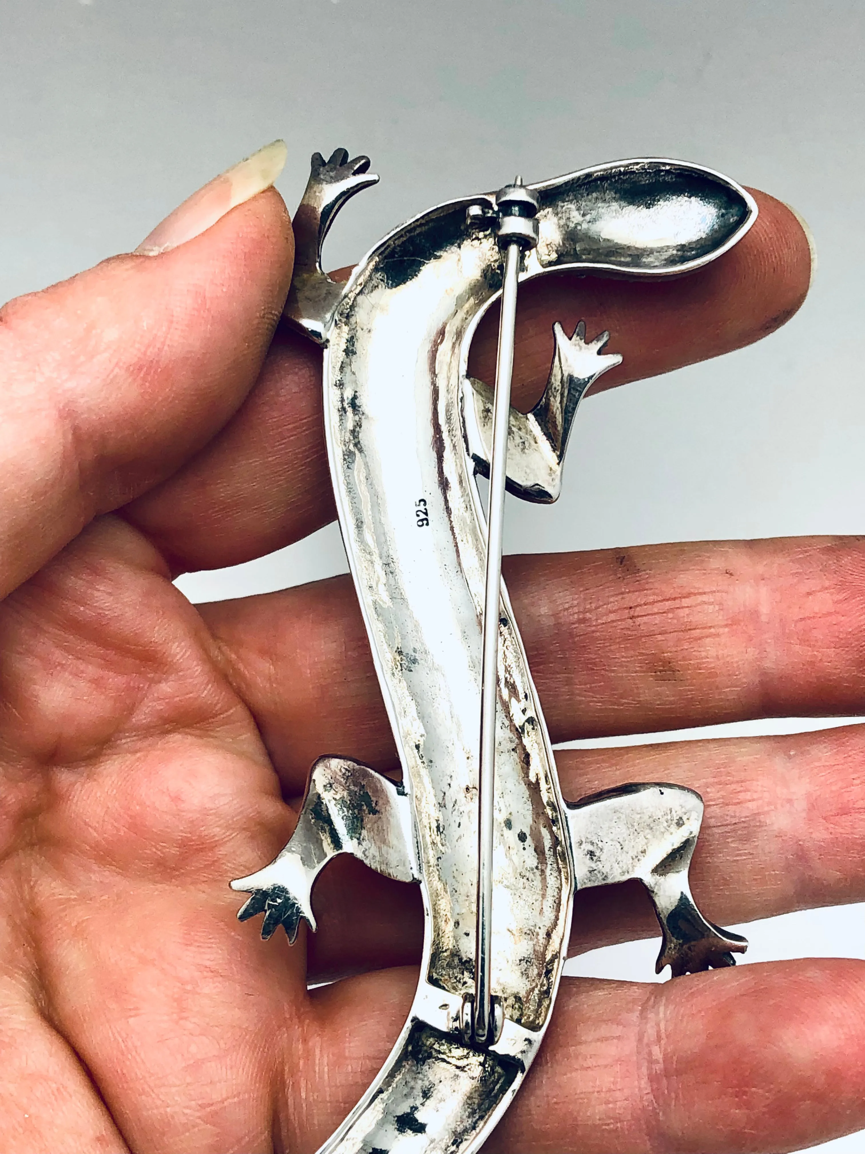 Large Sterling Silver Marcasite Salamander Brooch