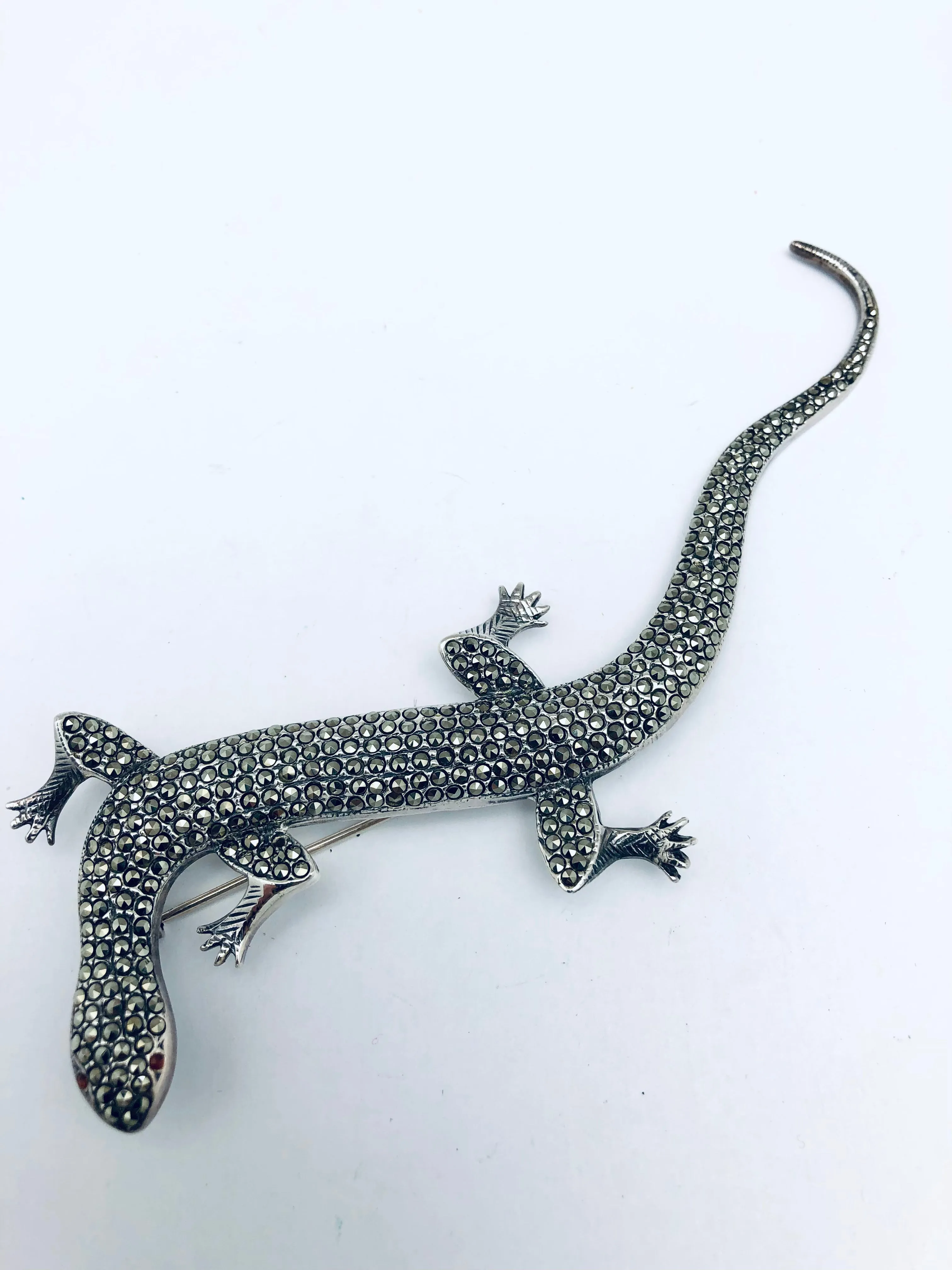 Large Sterling Silver Marcasite Salamander Brooch