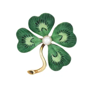 Larter & Sons Four Leaf Clover Enamel Brooch Antique Art Nouveau 14k Yellow Gold