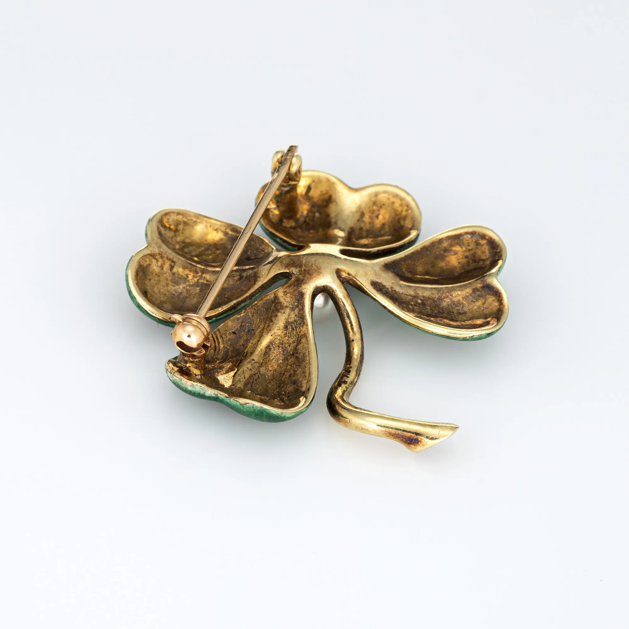 Larter & Sons Four Leaf Clover Enamel Brooch Antique Art Nouveau 14k Yellow Gold