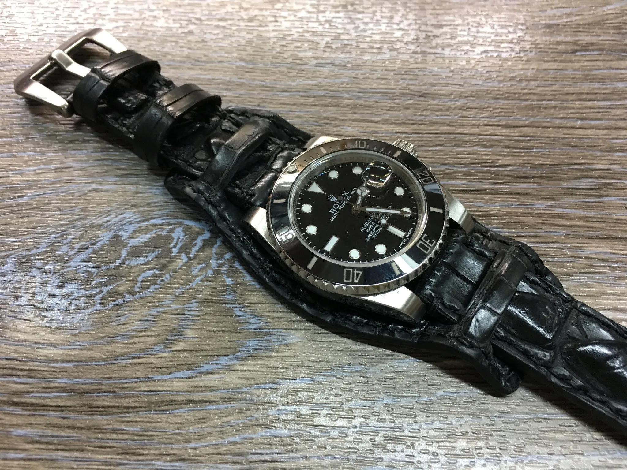 Leather cuff watch strap for Rolex Watches (Alligator Skin Matt Black) - 20mm/20mm