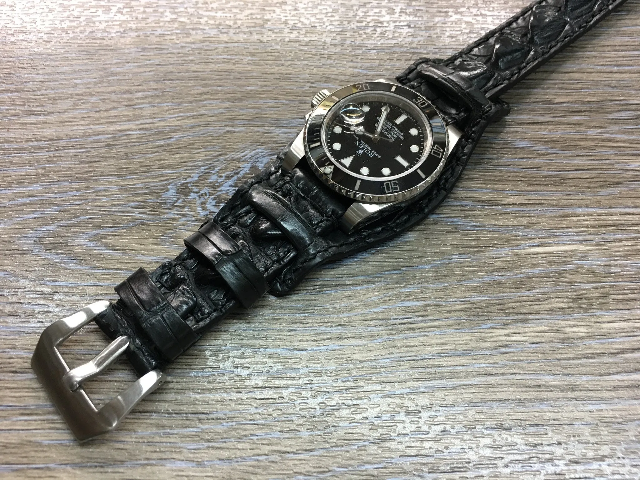 Leather cuff watch strap for Rolex Watches (Alligator Skin Matt Black) - 20mm/20mm