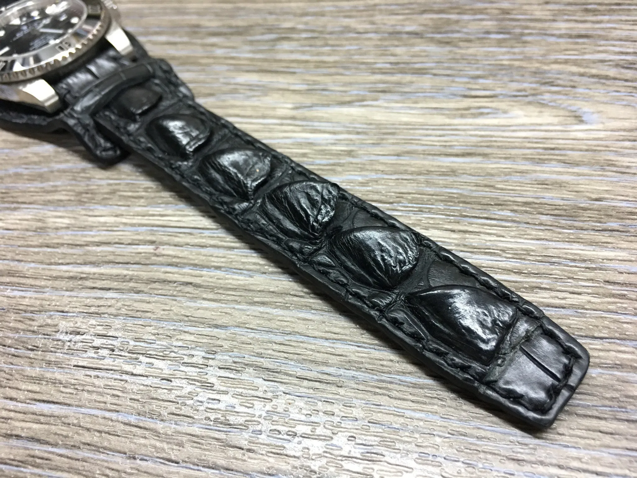 Leather cuff watch strap for Rolex Watches (Alligator Skin Matt Black) - 20mm/20mm