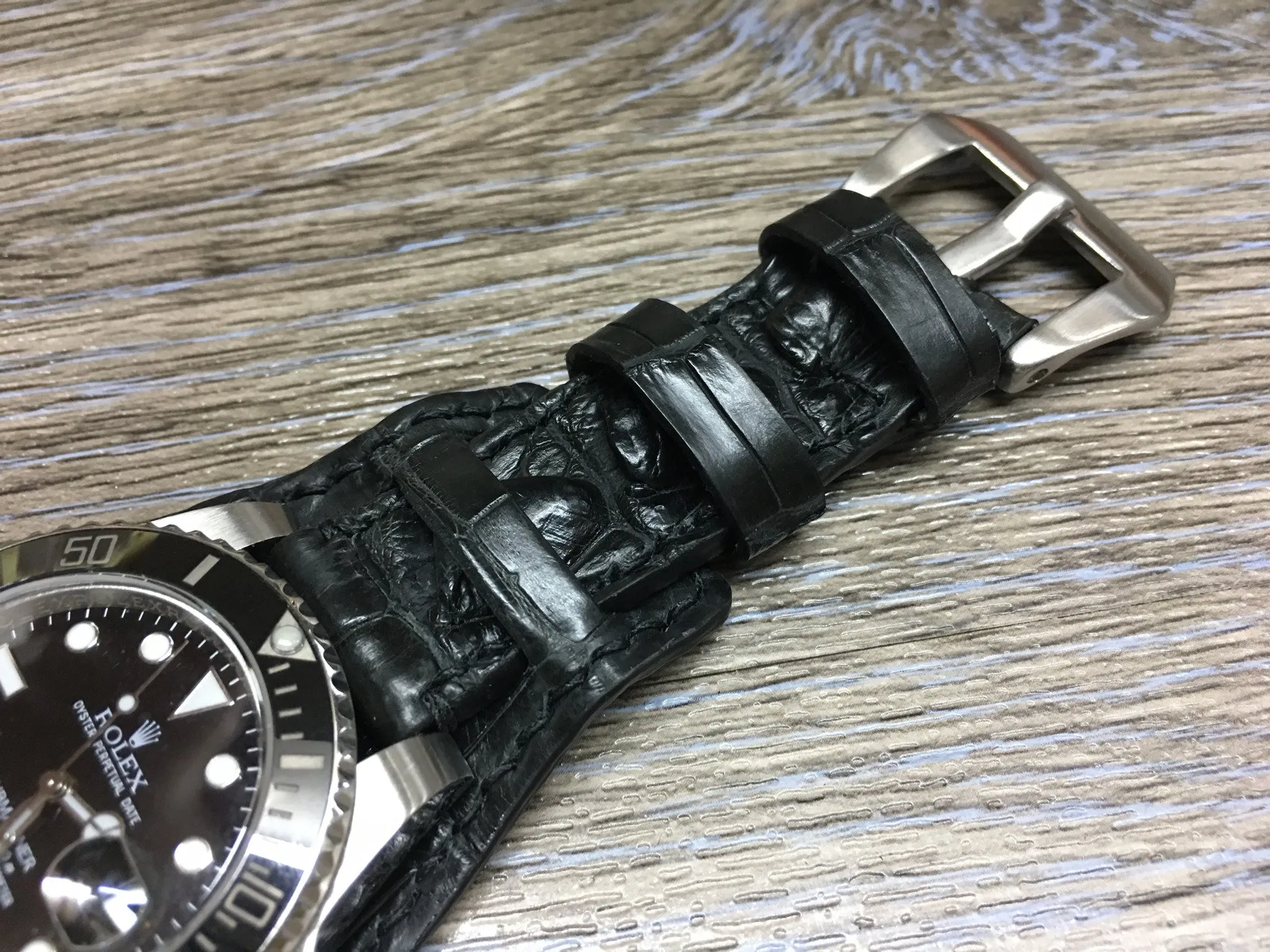 Leather cuff watch strap for Rolex Watches (Alligator Skin Matt Black) - 20mm/20mm