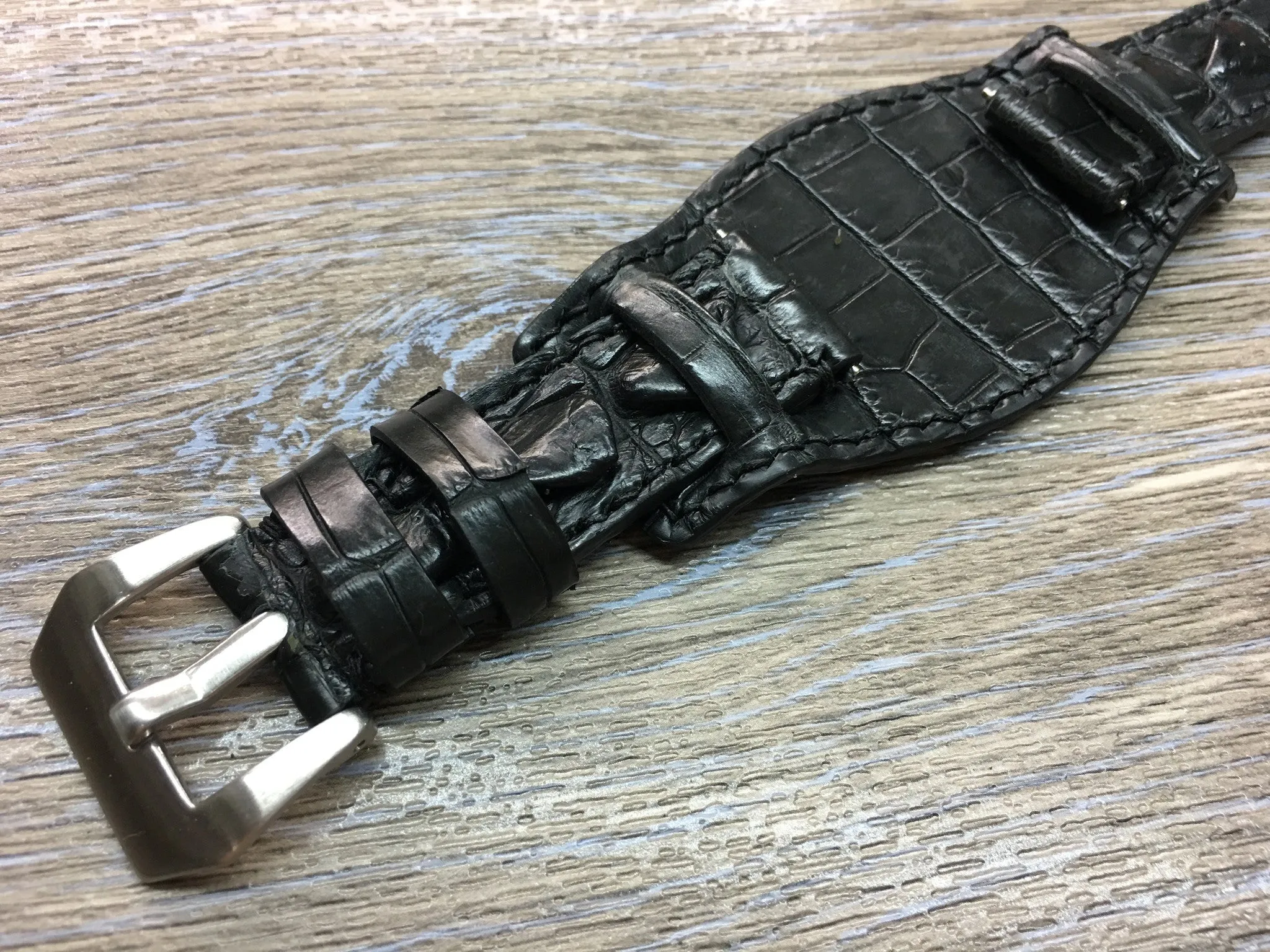 Leather cuff watch strap for Rolex Watches (Alligator Skin Matt Black) - 20mm/20mm