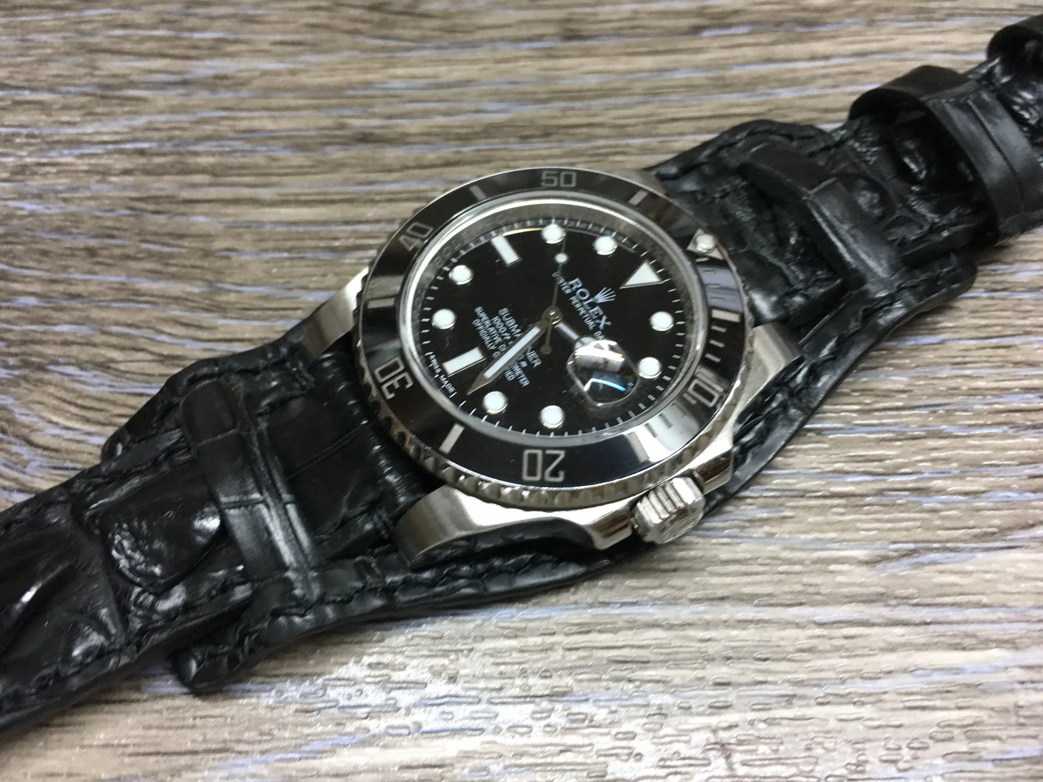 Leather cuff watch strap for Rolex Watches (Alligator Skin Matt Black) - 20mm/20mm