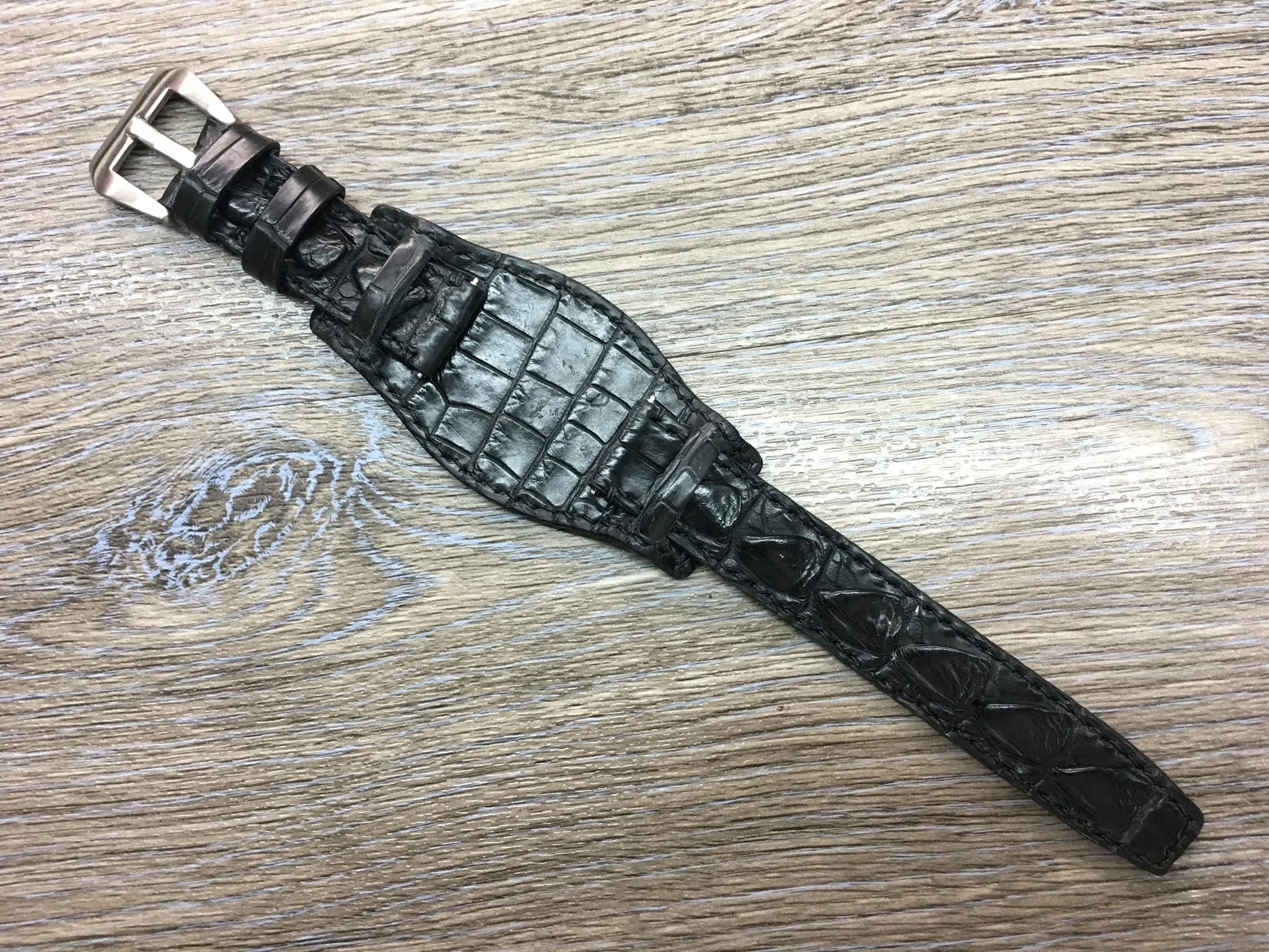Leather cuff watch strap for Rolex Watches (Alligator Skin Matt Black) - 20mm/20mm