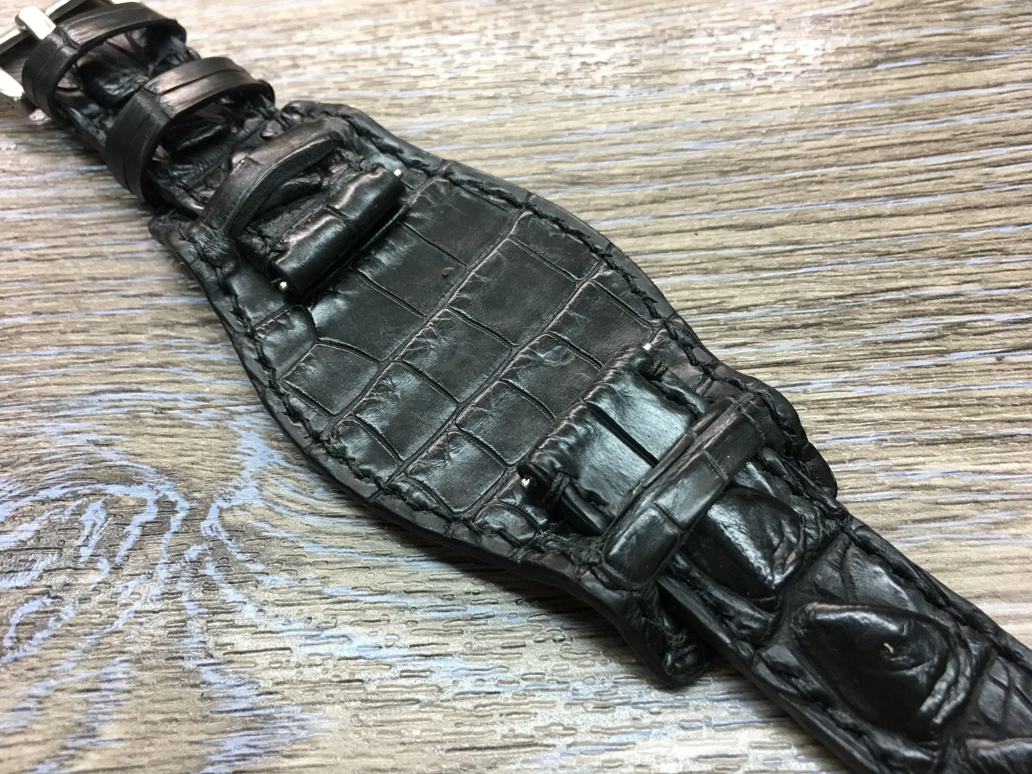 Leather cuff watch strap for Rolex Watches (Alligator Skin Matt Black) - 20mm/20mm