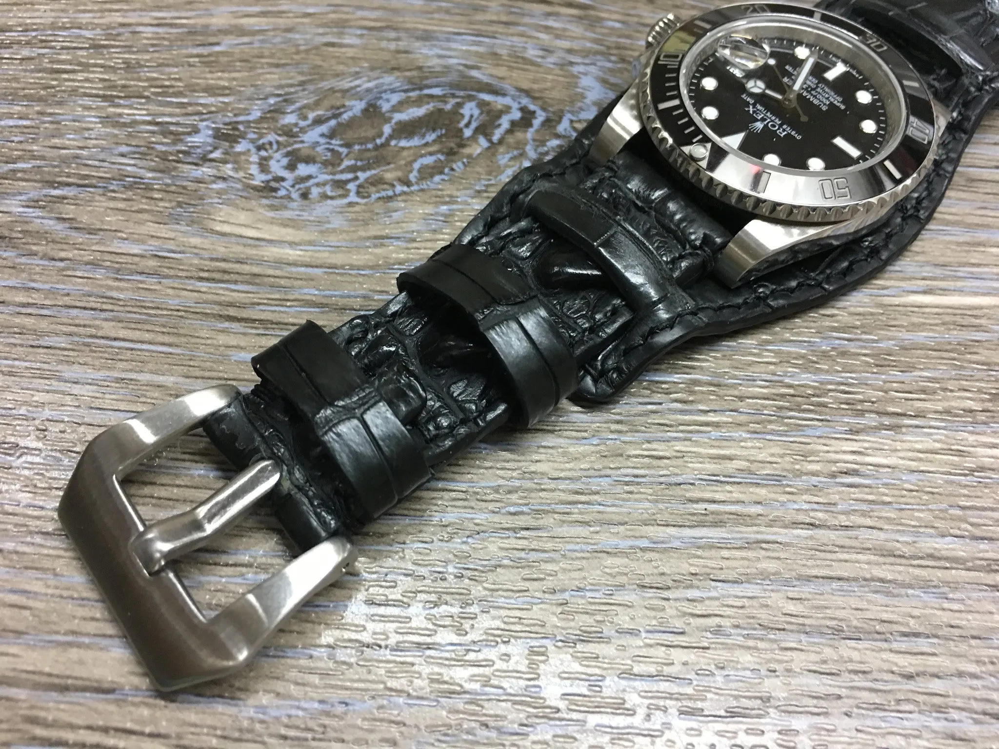 Leather cuff watch strap for Rolex Watches (Alligator Skin Matt Black) - 20mm/20mm