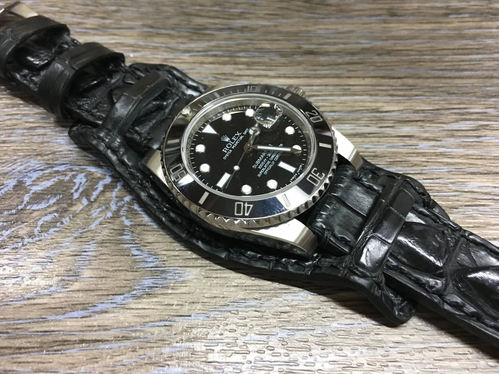 Leather cuff watch strap for Rolex Watches (Alligator Skin Matt Black) - 20mm/20mm